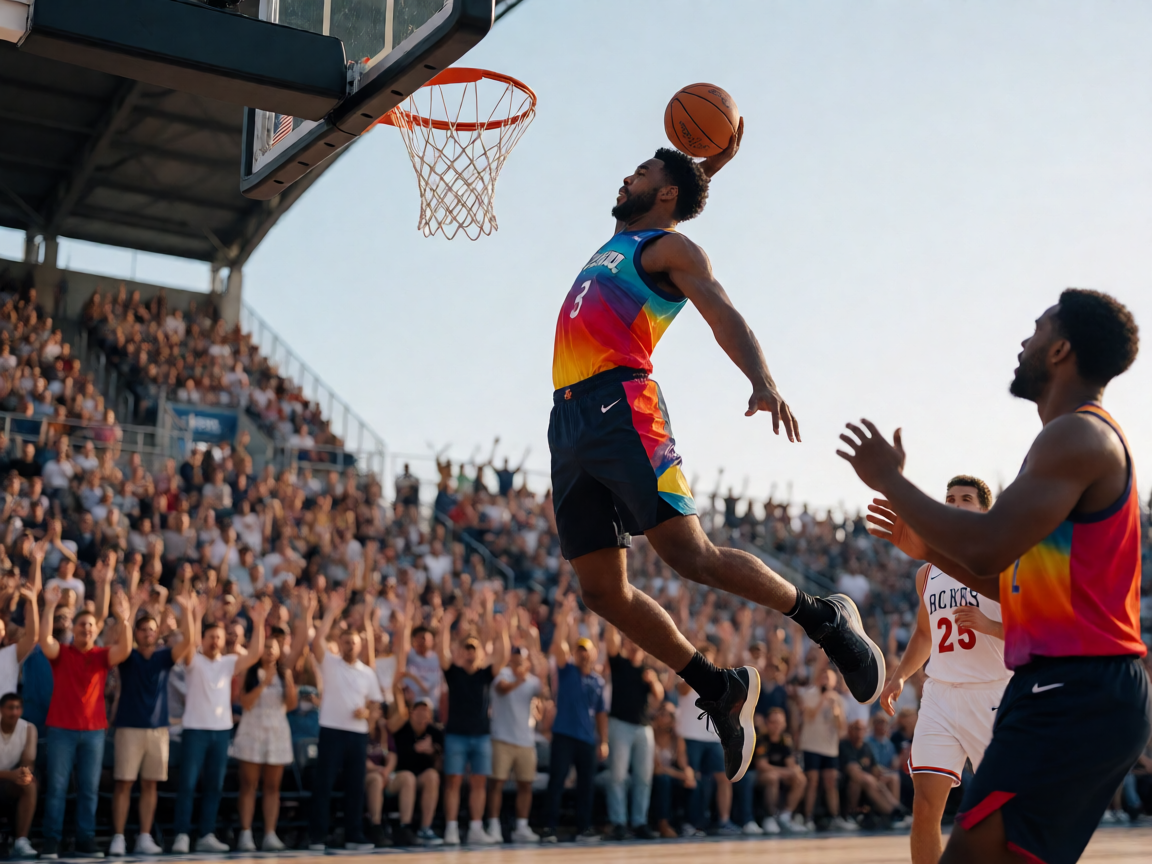 NBA篮球比赛现场球员腾空扣篮,球馆内观众欢呼热烈
