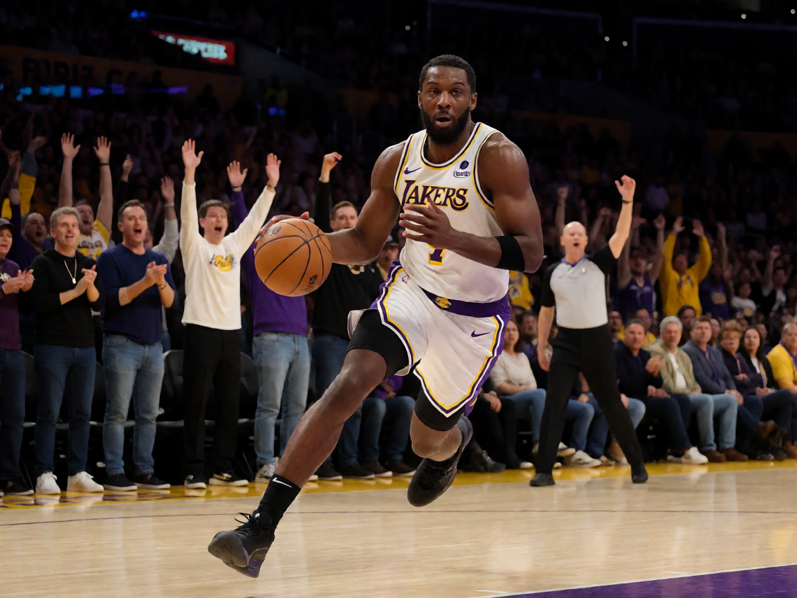 NBA湖人队球员在比赛中突破上篮的精彩瞬间,球馆内观众热情欢呼